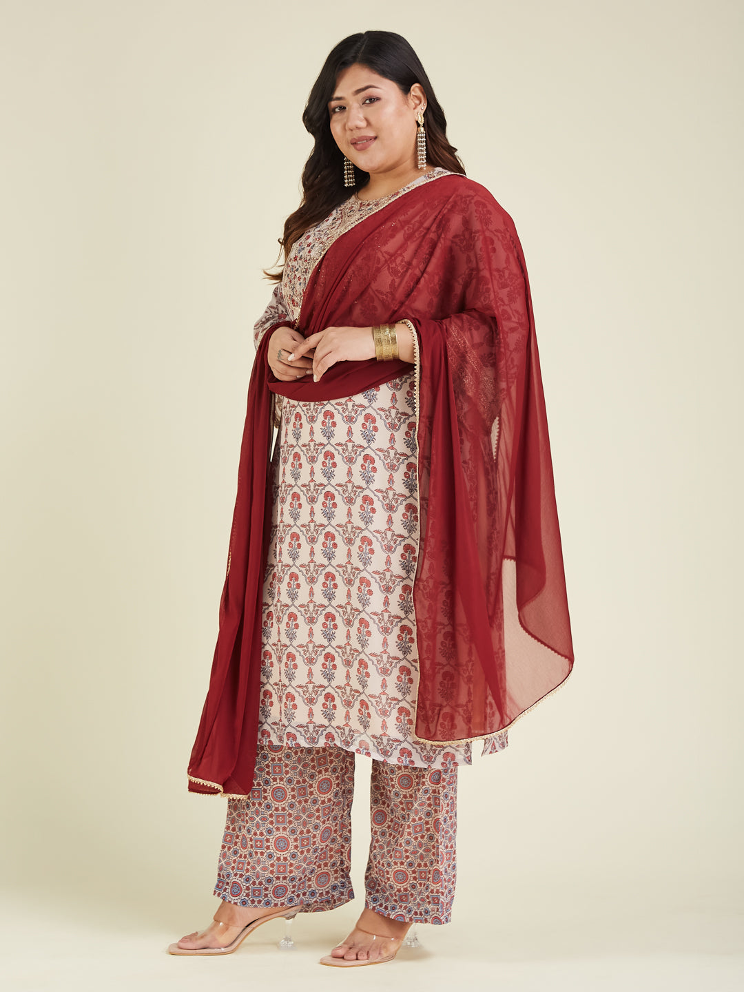 Janasya Women's Plus Size Cream & Maroon Georgette Embroidered Ajrakh Printed Straight Kurta Set