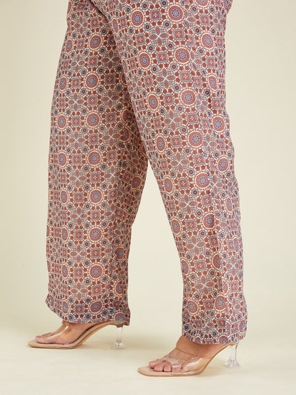 Janasya Women's Plus Size Cream & Maroon Georgette Embroidered Ajrakh Printed Straight Kurta Set