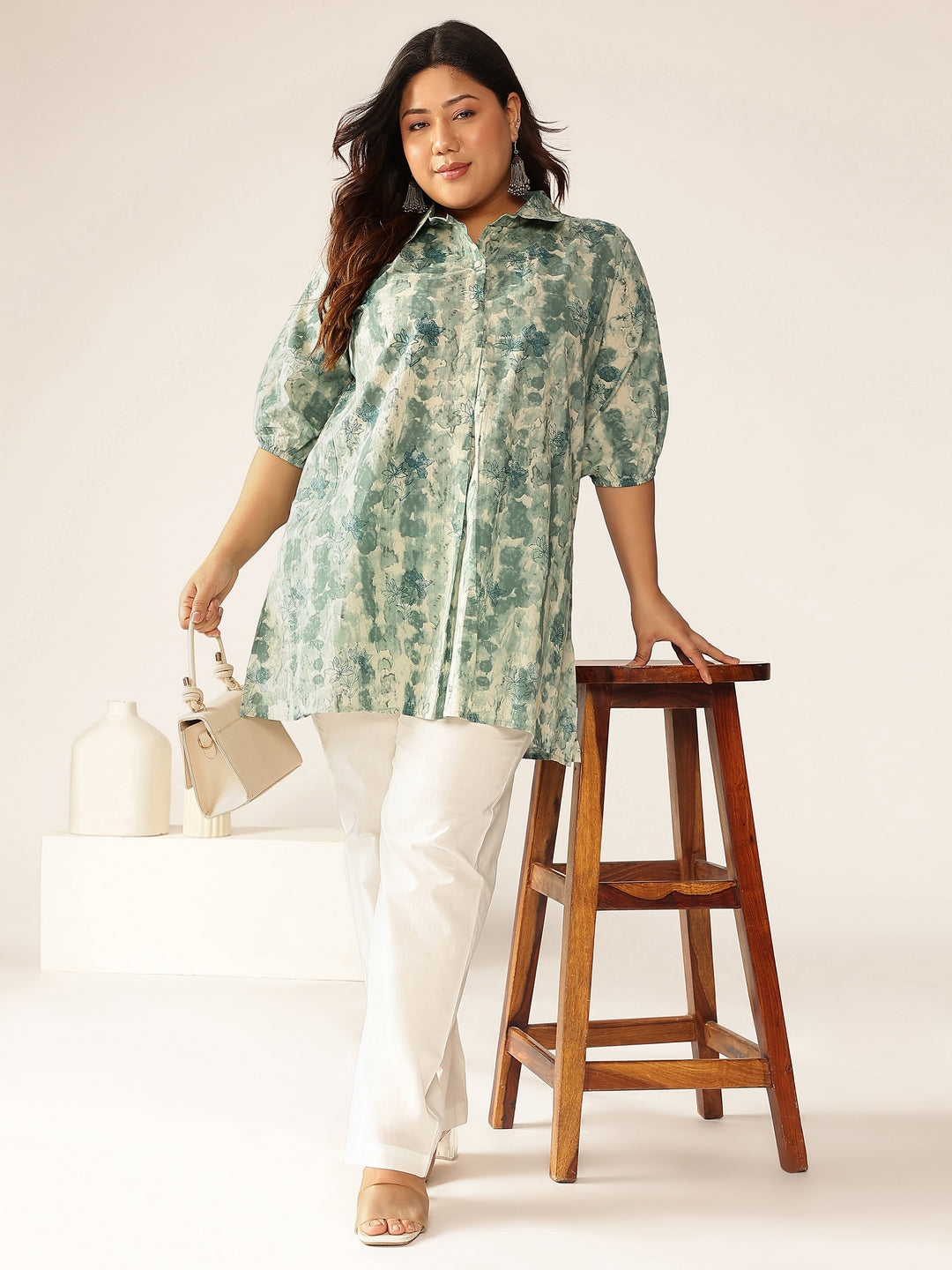 Plus Size Aqua Pure Cotton Tie & Dye A-line Tunic