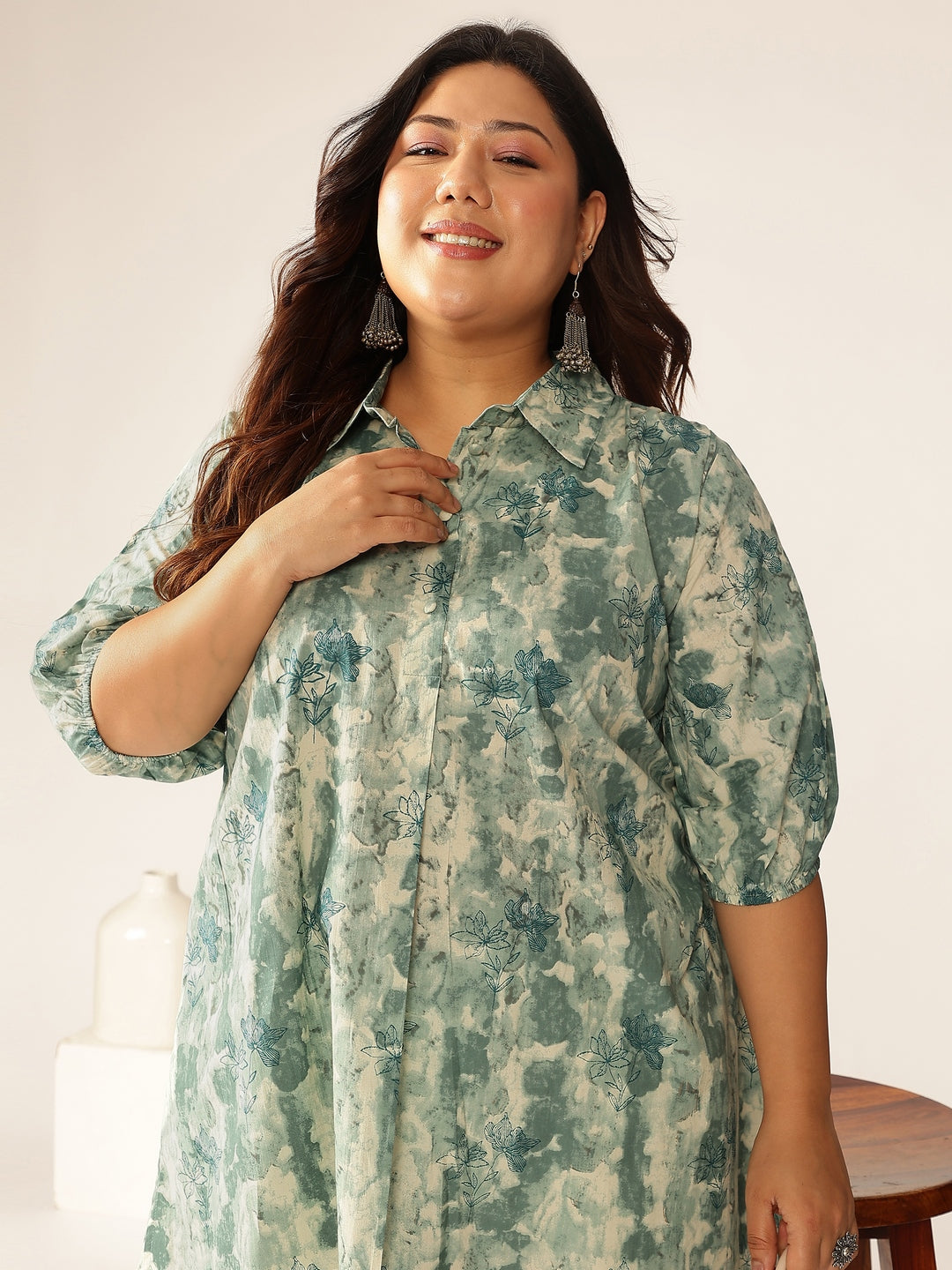 Plus Size Aqua Pure Cotton Tie & Dye A-line Tunic