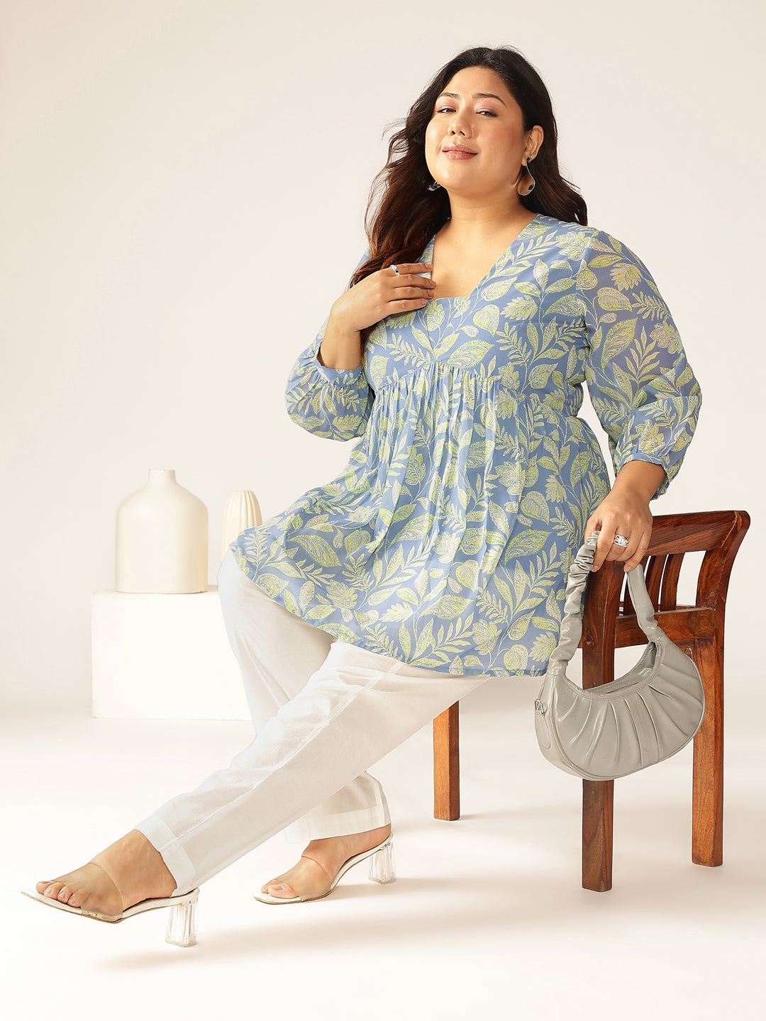 Plus Size Blue Georgette Tropical Printed A-line Tunic