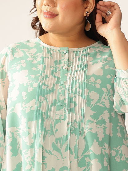 Plus Size Green Georgette Floral Printed A-line Tunic