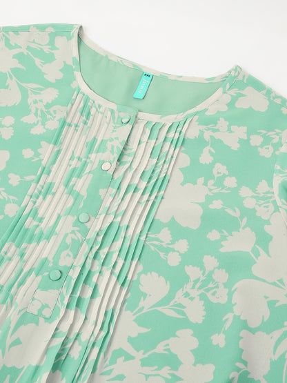 Plus Size Green Georgette Floral Printed A-line Tunic