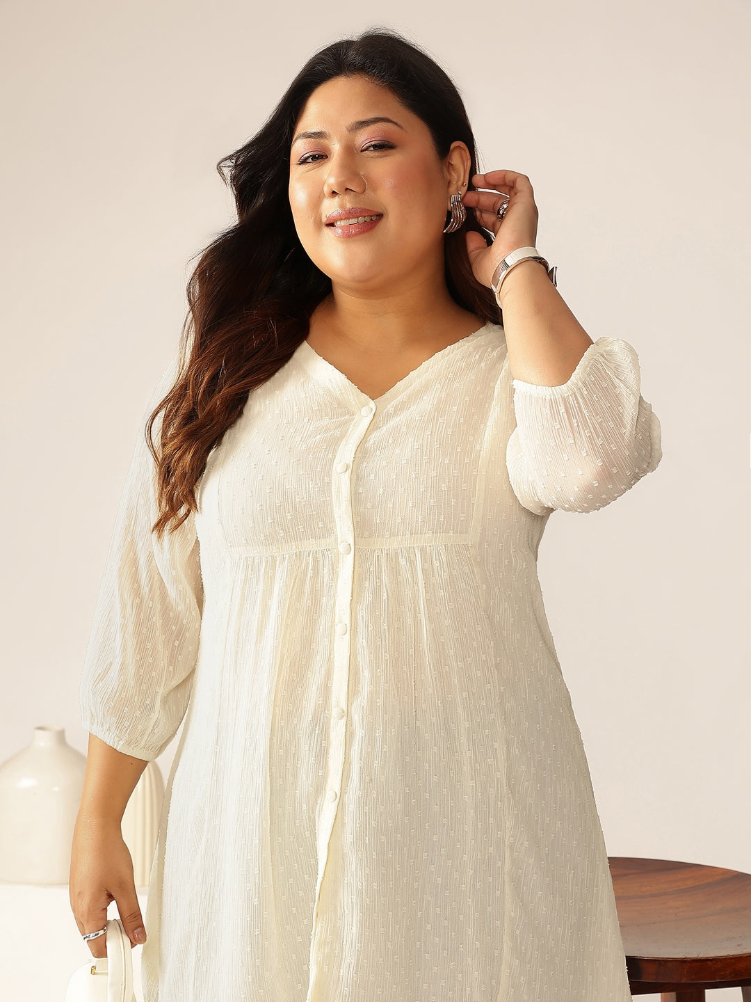 Plus Size Off White Dobby Chiffon Self Design A-line Tunic