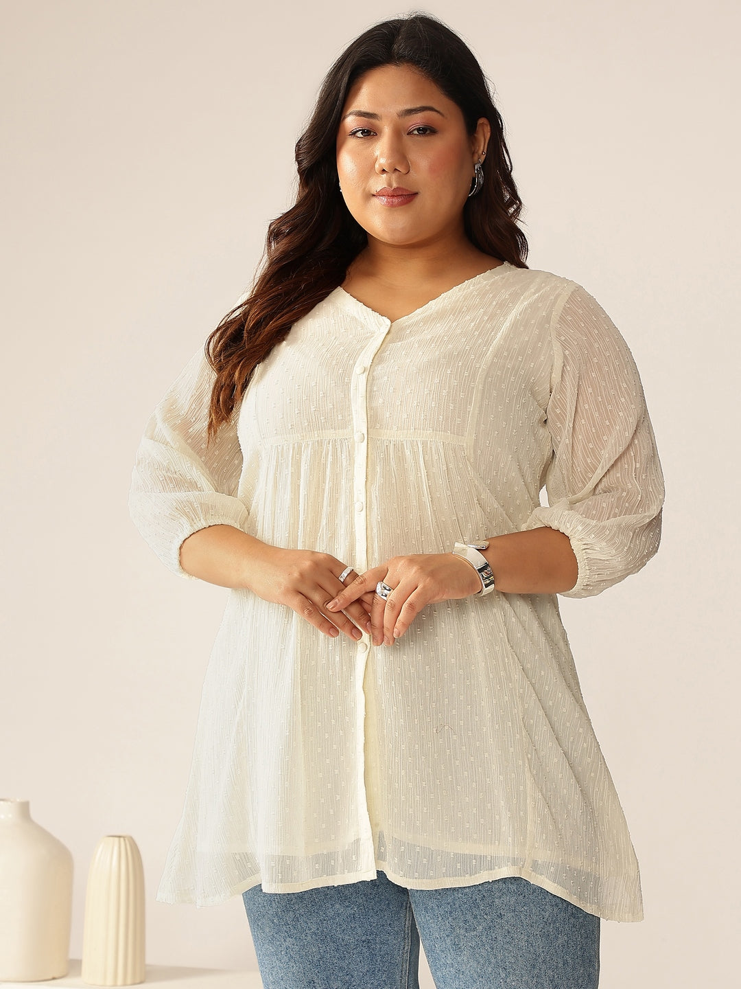 Plus Size Off White Dobby Chiffon Self Design A-line Tunic