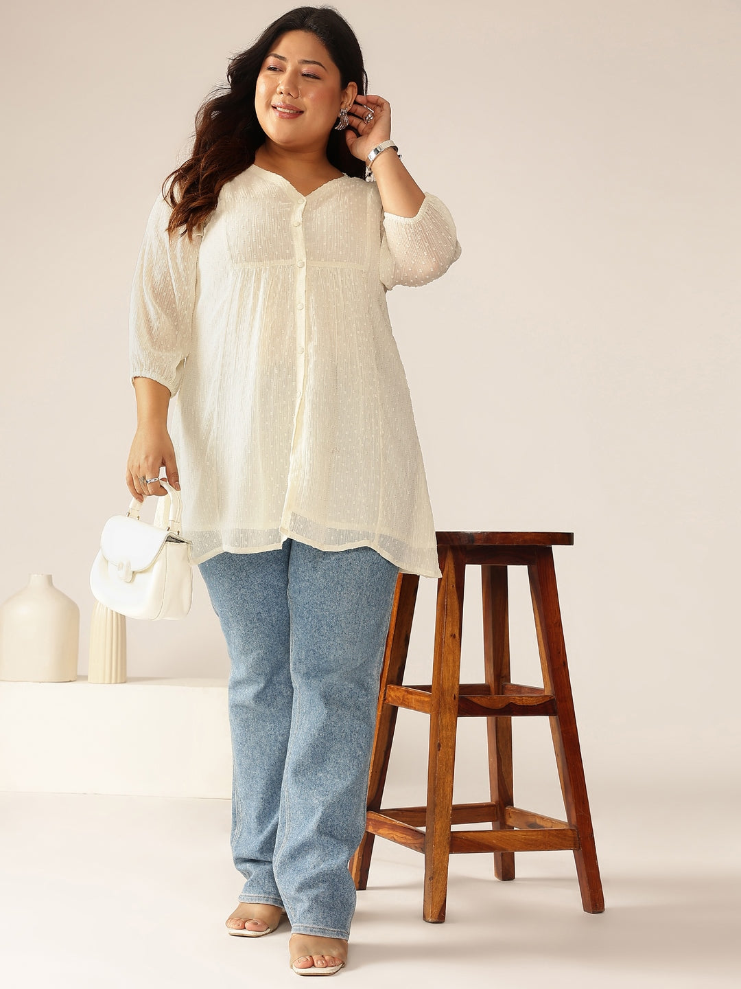 Plus Size Off White Dobby Chiffon Self Design A-line Tunic