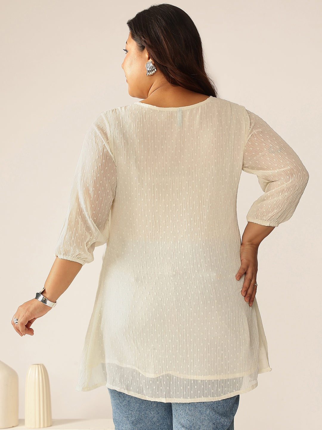 Plus Size Off White Dobby Chiffon Self Design A-line Tunic