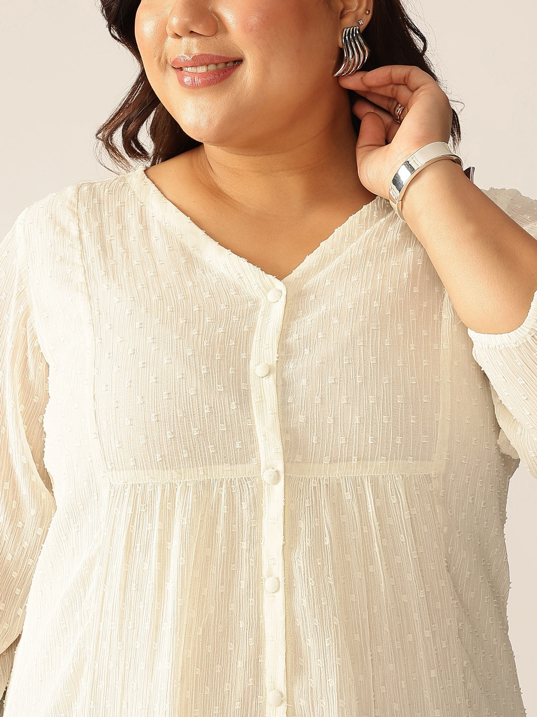 Plus Size Off White Dobby Chiffon Self Design A-line Tunic