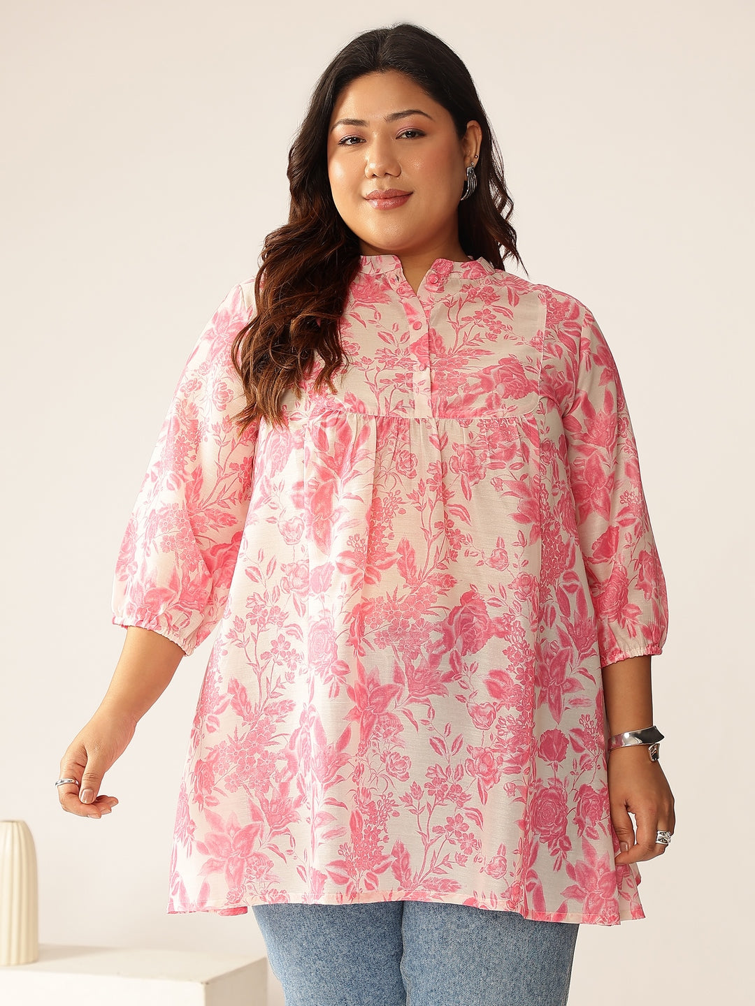 Plus Size Pink Cotton Blend Floral Printed A-line Tunic