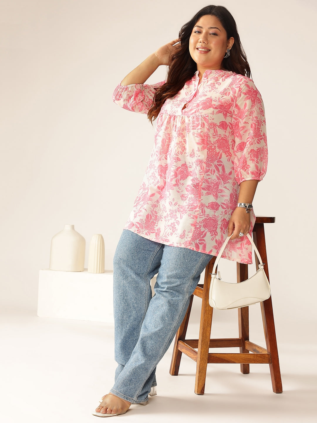Plus Size Pink Cotton Blend Floral Printed A-line Tunic