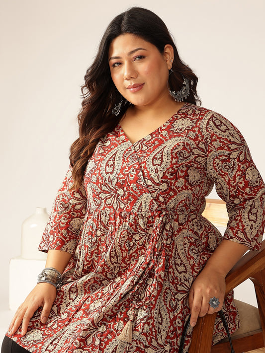Plus Size Maroon Pure Cotton Paisley Printed Peplum Tunic