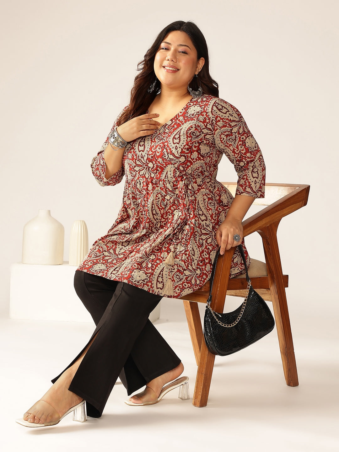 Plus Size Maroon Pure Cotton Paisley Printed Peplum Tunic
