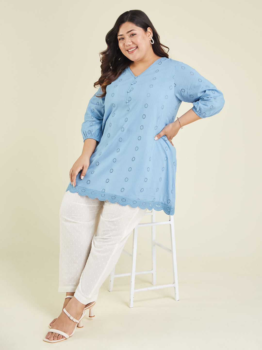 Janasya Women's Plus Size Light Blue Pure Cotton Schiffli Embroidered A-line Tunic