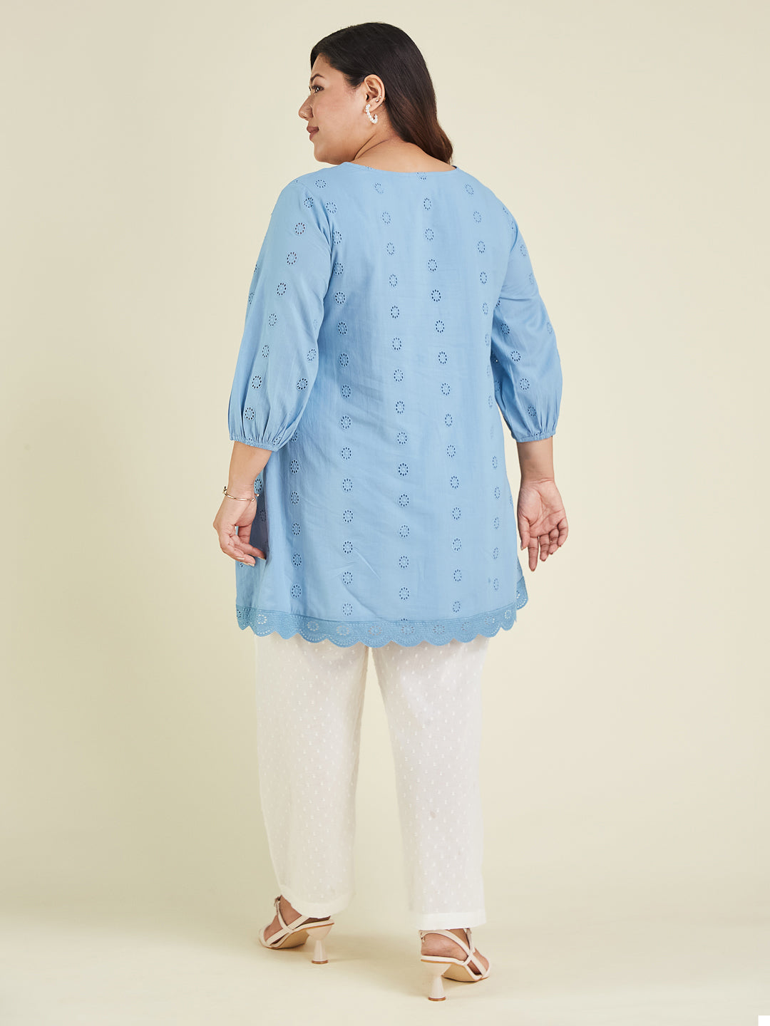 Janasya Women's Plus Size Light Blue Pure Cotton Schiffli Embroidered A-line Tunic