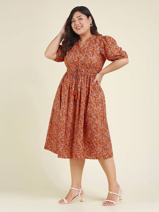 Janasya Women's Plus Size Orange Pure Cotton Floral Printed Fit & Flare Dress