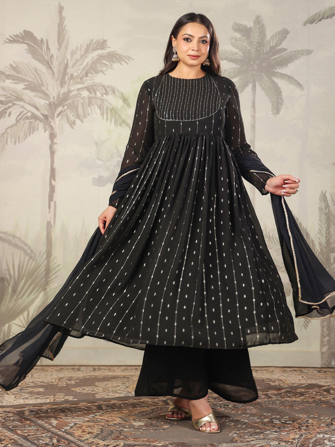 Plus Size Black Georgette Foil Printed Anarkali Kurta Set