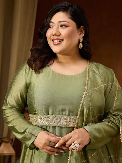 Janasya Women's Plus Size Sage Green Silk Blend Flared Gown With Embellished Belt
