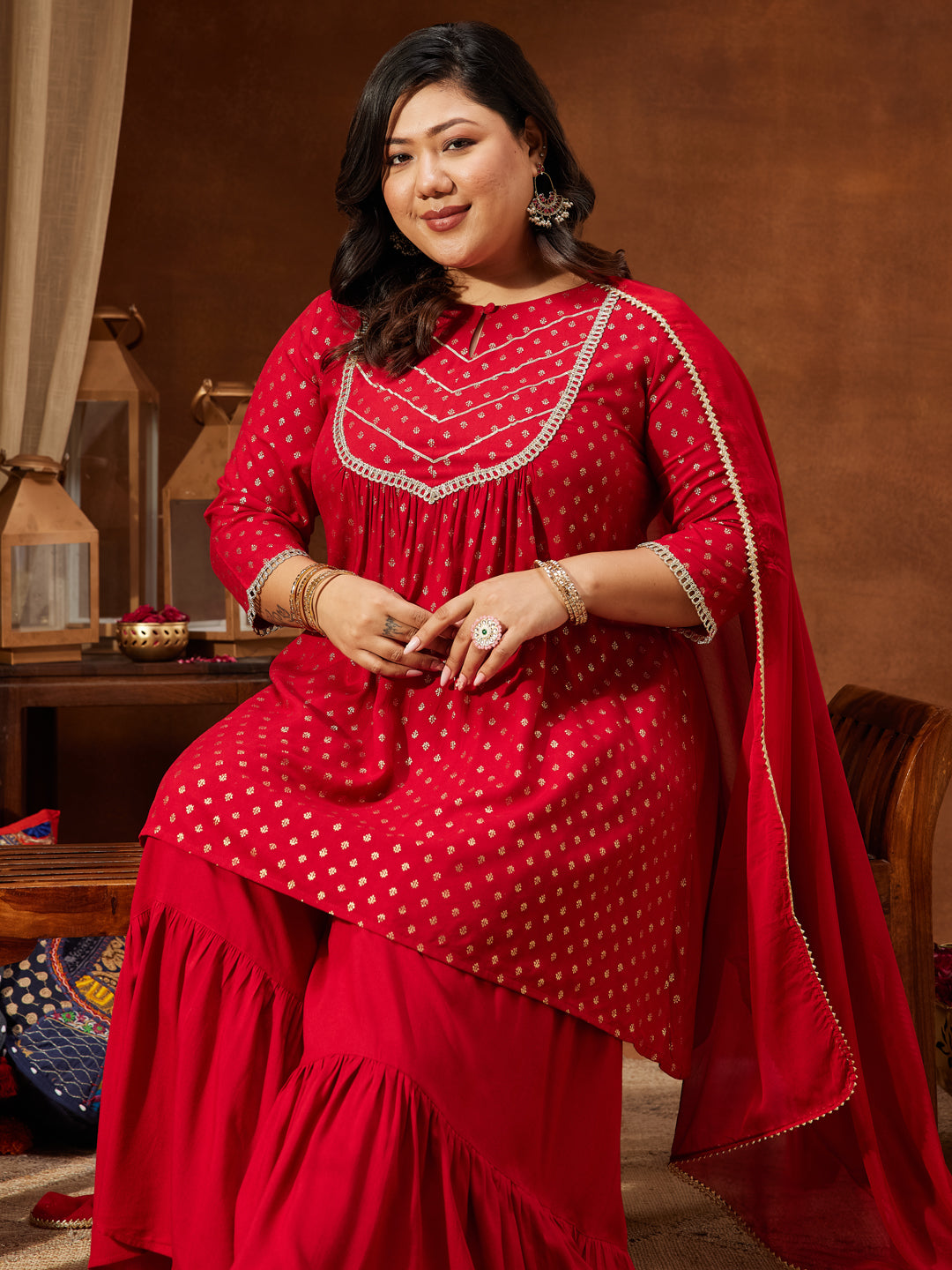 Janasya Women's Plus Size Red Rayon Embellished Gold Printed A-line Kurta With Sharara & Dupatta Set