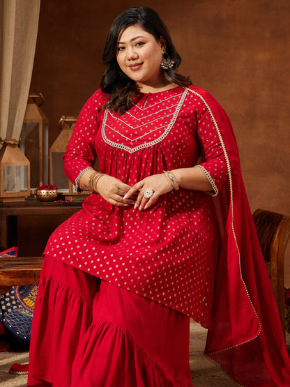 Janasya Women's Plus Size Red Rayon Embellished Gold Printed A-line Kurta With Sharara & Dupatta Set