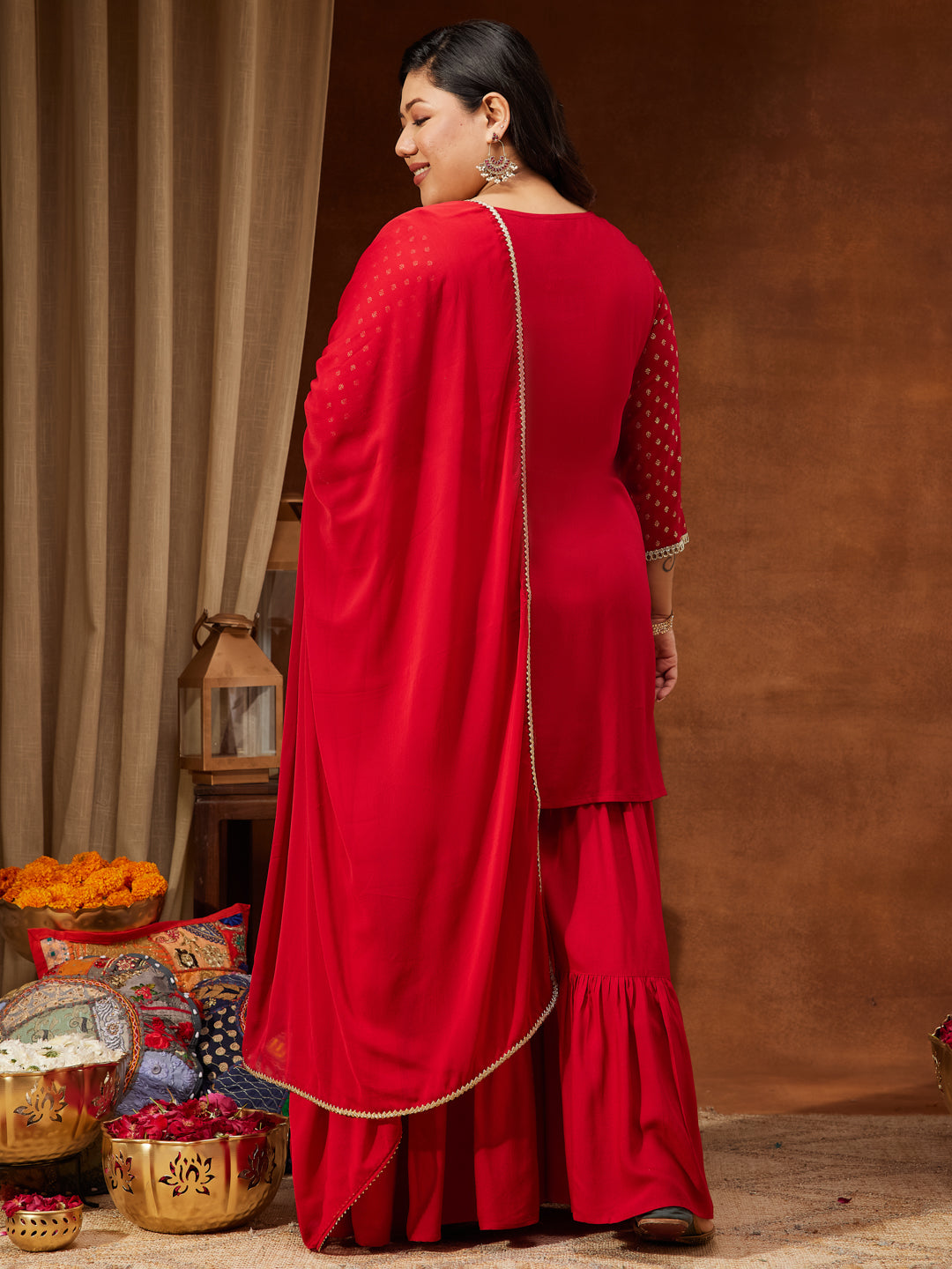 Janasya Women's Plus Size Red Rayon Embellished Gold Printed A-line Kurta With Sharara & Dupatta Set