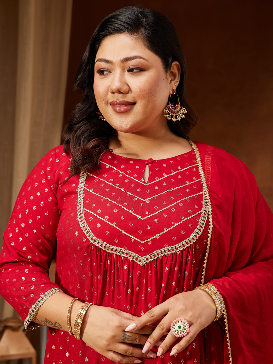 Janasya Women's Plus Size Red Rayon Embellished Gold Printed A-line Kurta With Sharara & Dupatta Set