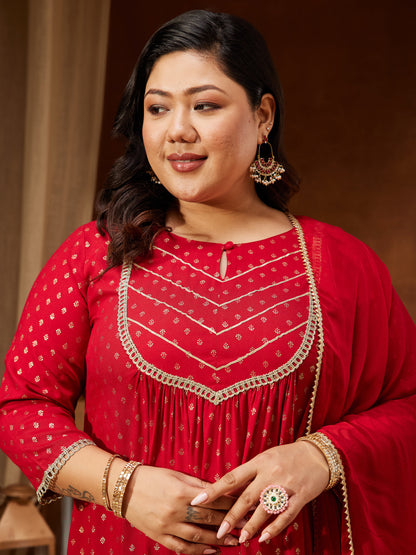 Janasya Women's Plus Size Red Rayon Embellished Gold Printed A-line Kurta With Sharara & Dupatta Set