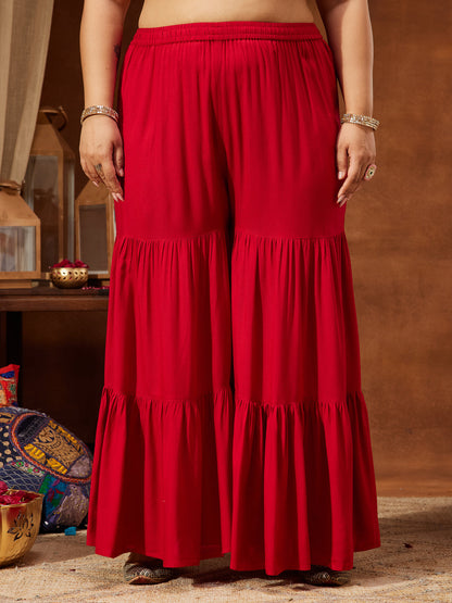 Janasya Women's Plus Size Red Rayon Embellished Gold Printed A-line Kurta With Sharara & Dupatta Set