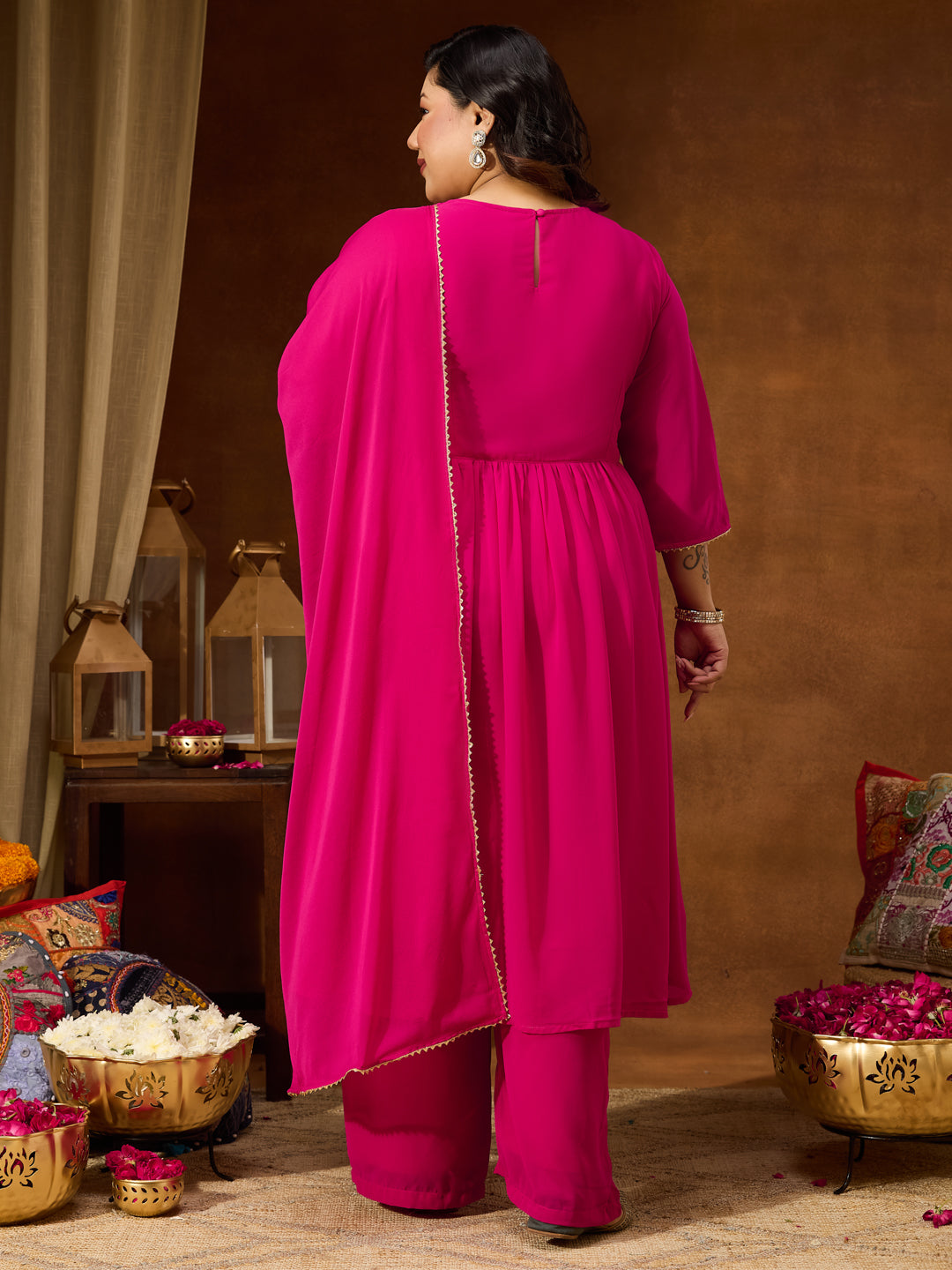 Janasya Women's Plus Size Pink Georgette Yoke Zari Embroidered A-line Kurta Set