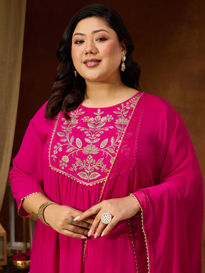 Janasya Women's Plus Size Pink Georgette Yoke Zari Embroidered A-line Kurta Set