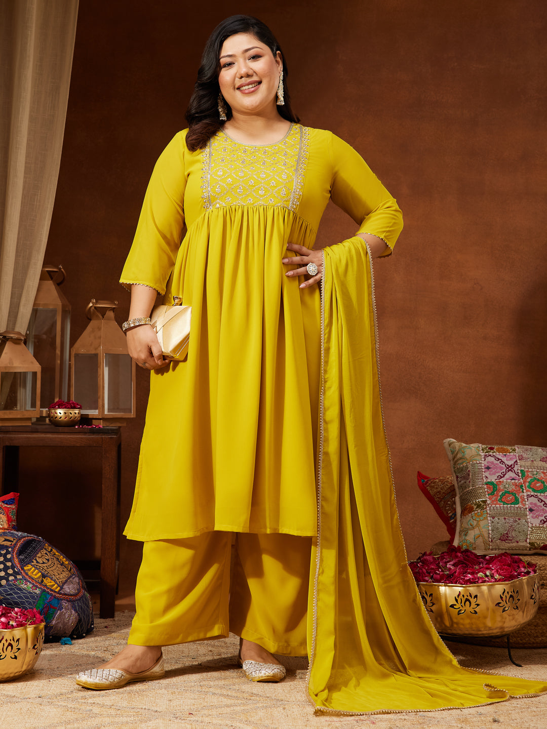 Janasya Women's Plus Size Yellow Georgette Yoke Embroidered A-line Kurta With Palazzo & Dupatta Set