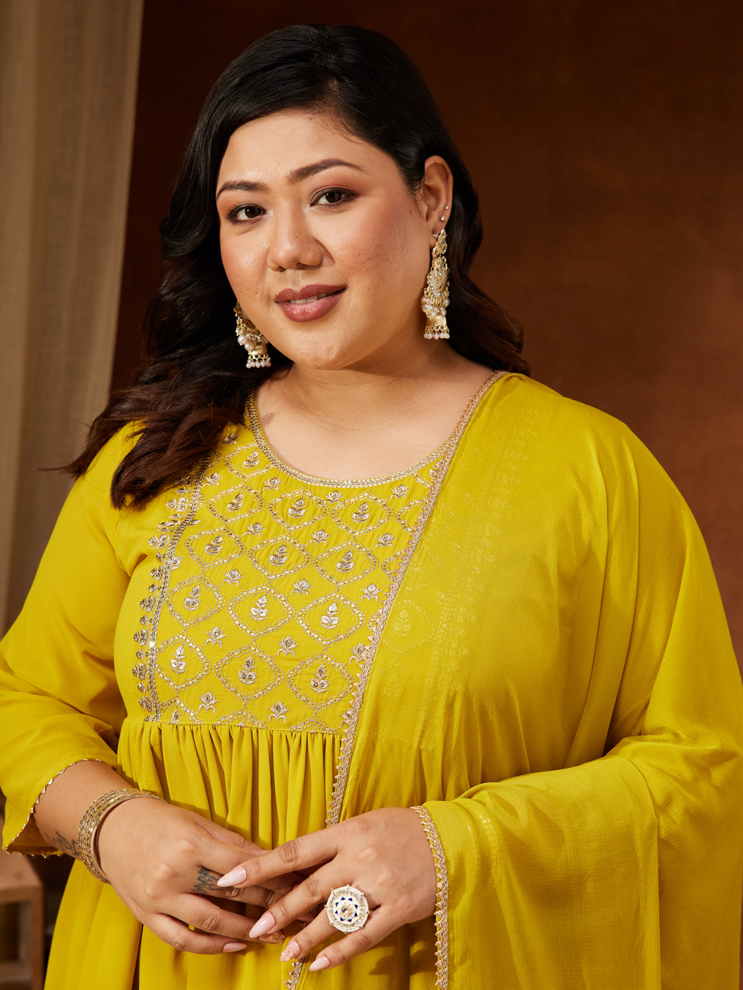 Janasya Women's Plus Size Yellow Georgette Yoke Embroidered A-line Kurta With Palazzo & Dupatta Set