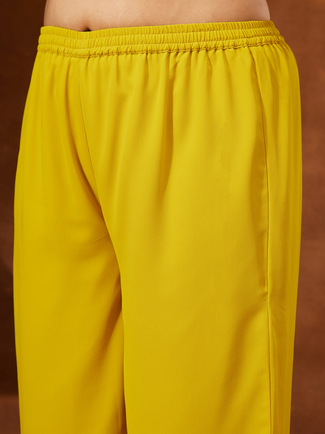 Janasya Women's Plus Size Yellow Georgette Yoke Embroidered A-line Kurta With Palazzo & Dupatta Set