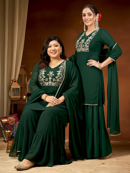 Janasya Women's Dark Green Georgette Zari Embroidered Straight Kurta With Palazzo & Dupatta Set