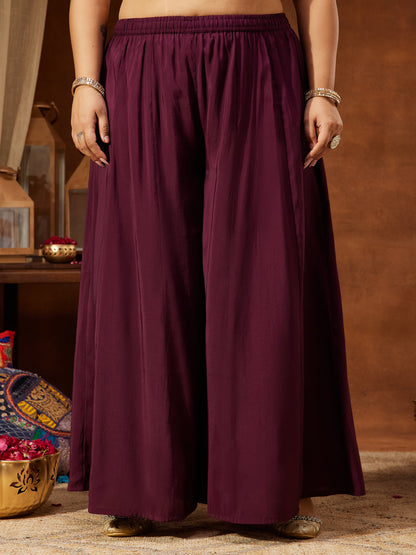 Janasya Women's Plus Size Wine Chanderi Silk Embellished Gold Printed Straight Kurta With Sharara & Dupatta Set