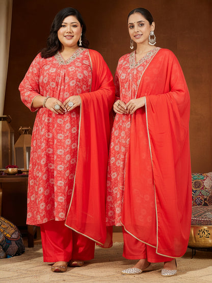 Janasya Women's Red Georgette Embellished Floral Printed A-line Kurta Set