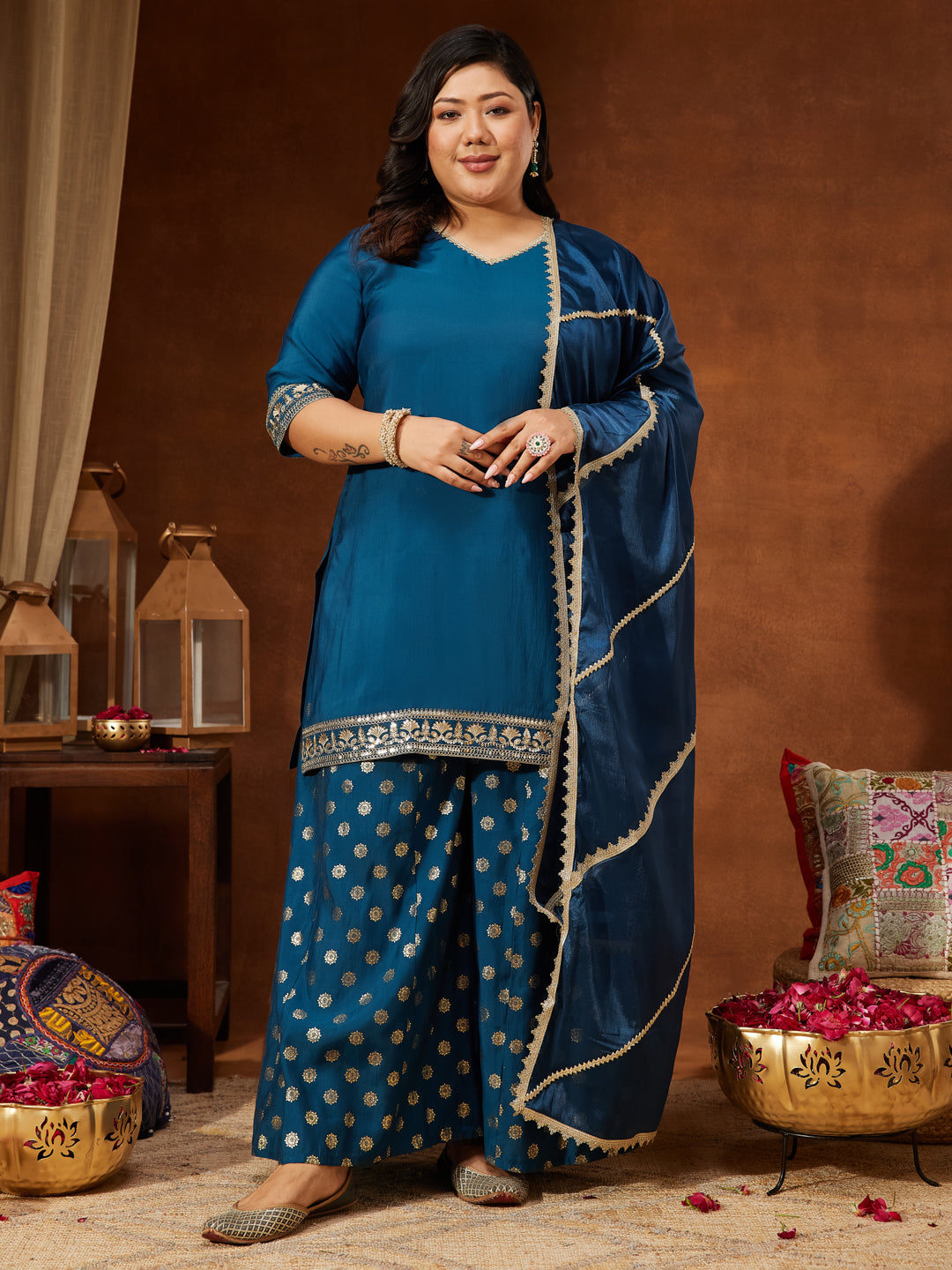 Janasya Women's Plus Size Teal Blue Chanderi Silk Embellished Straight Kurta With Palazzo & Dupatta Set
