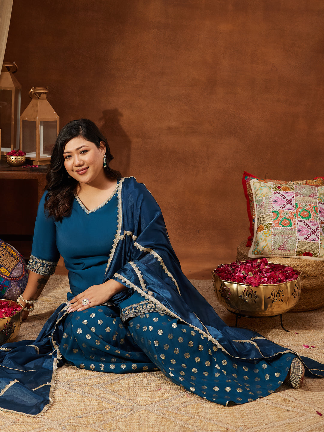 Janasya Women's Teal Blue Chanderi Silk Embellished Straight Kurta With Palazzo & Dupatta Set