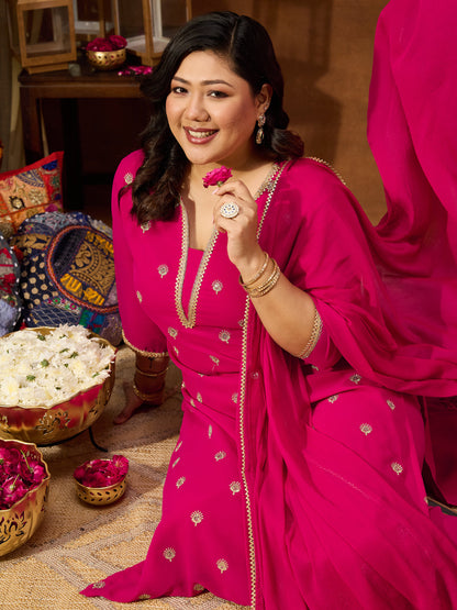 Janasya Women's Plus Size Pink Georgette Embellished Sraight Kurta With Palazzo & Dupatta Set