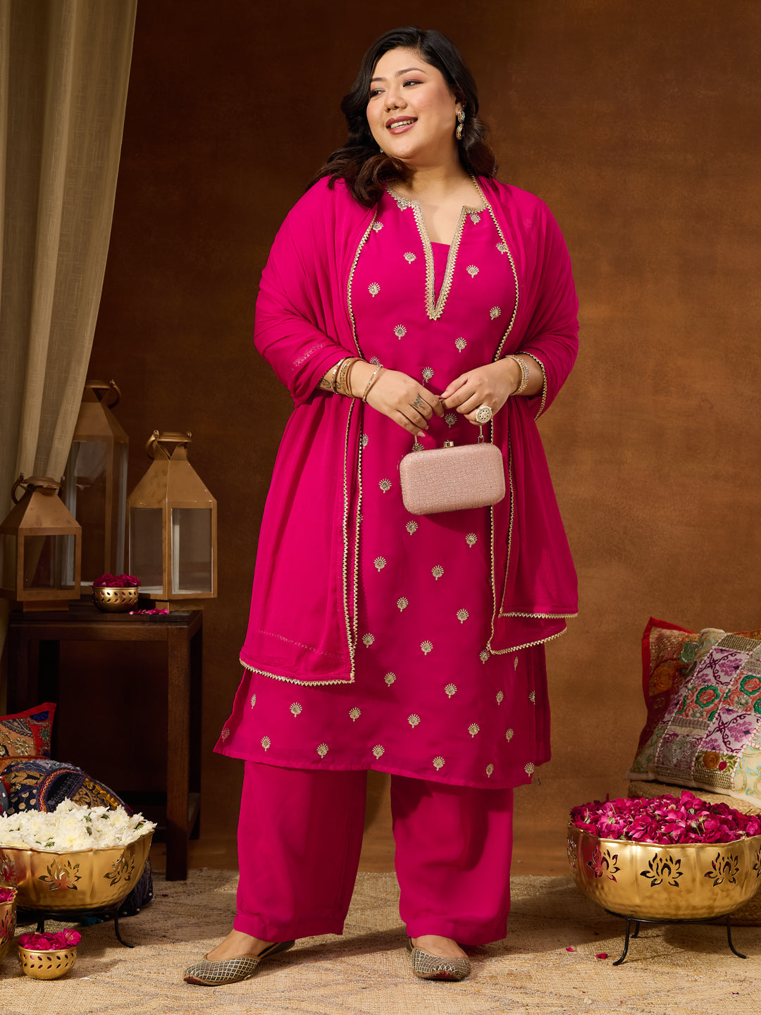 Janasya Women's Plus Size Pink Georgette Embellished Sraight Kurta With Palazzo & Dupatta Set