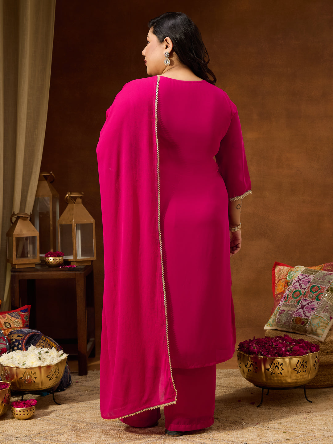 Janasya Women's Plus Size Pink Georgette Embellished Sraight Kurta With Palazzo & Dupatta Set