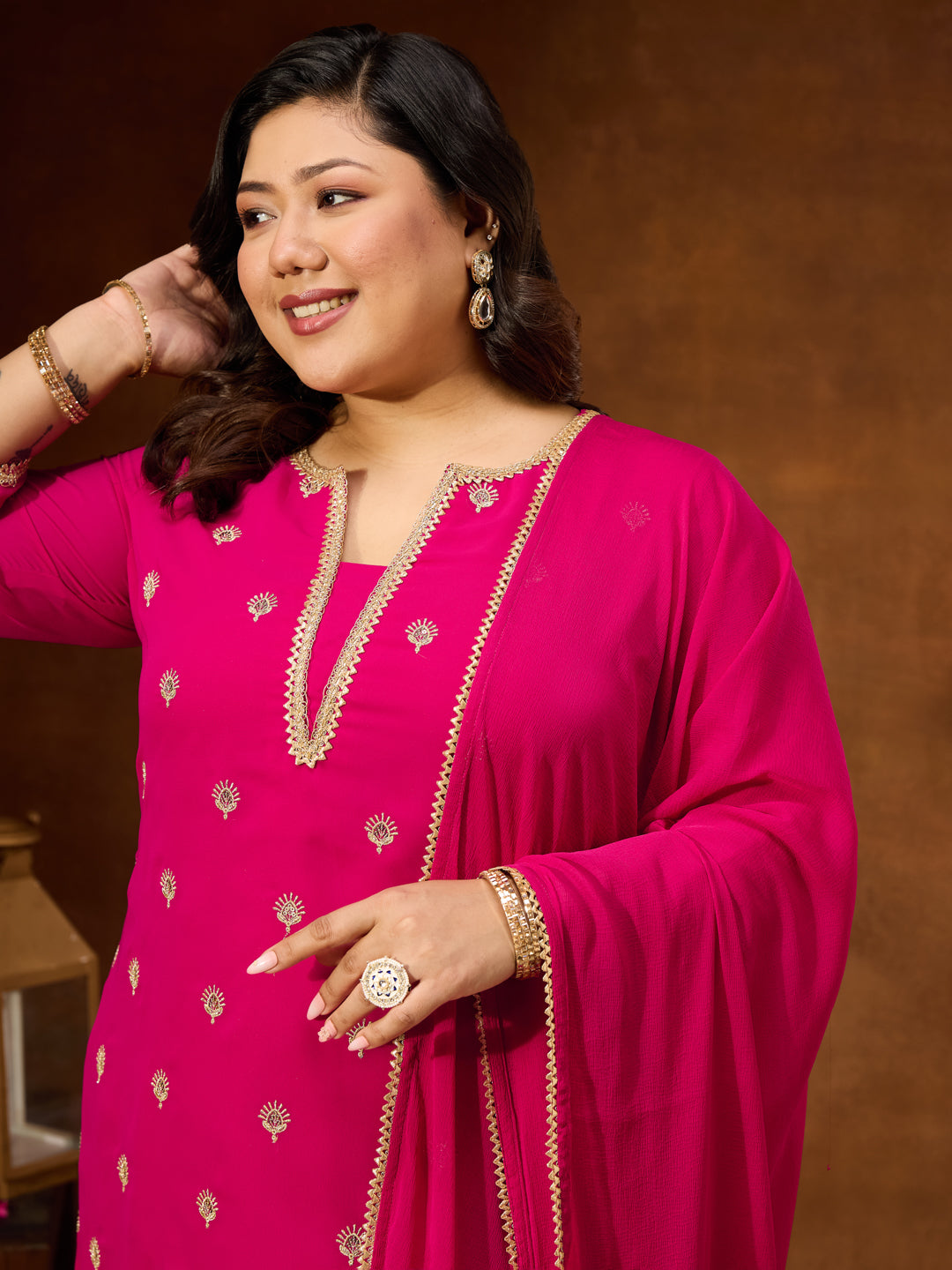Janasya Women's Plus Size Pink Georgette Embellished Sraight Kurta With Palazzo & Dupatta Set