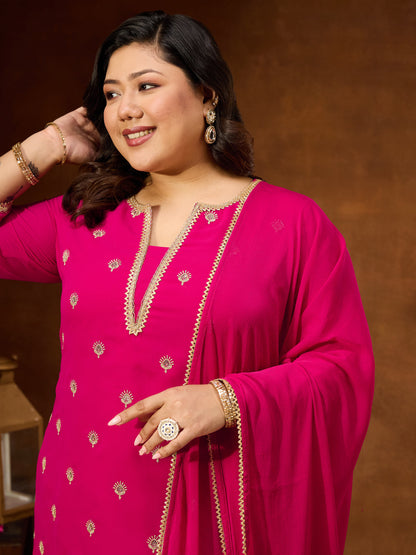 Janasya Women's Plus Size Pink Georgette Embellished Sraight Kurta With Palazzo & Dupatta Set