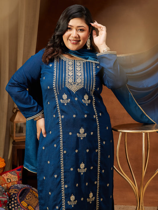 Janasya Women's Plus Size Teal Blue Silk Blend Zari Embroidered Straight Kurta Set