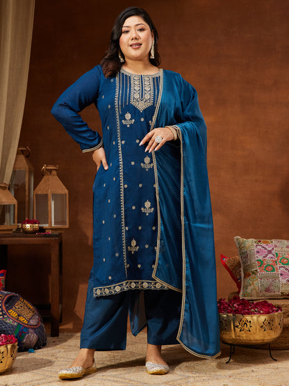 Janasya Women's Plus Size Teal Blue Silk Blend Zari Embroidered Straight Kurta Set