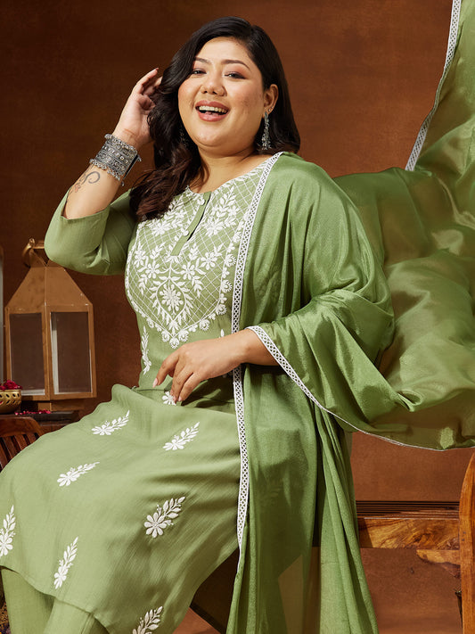 Janasya Women's Plus Size Sage Green Silk Blend Embroidered Straight Kurta Set
