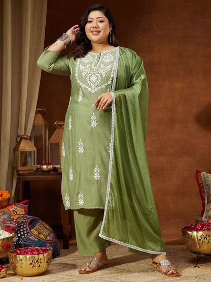 Janasya Women's Plus Size Sage Green Silk Blend Embroidered Straight Kurta Set