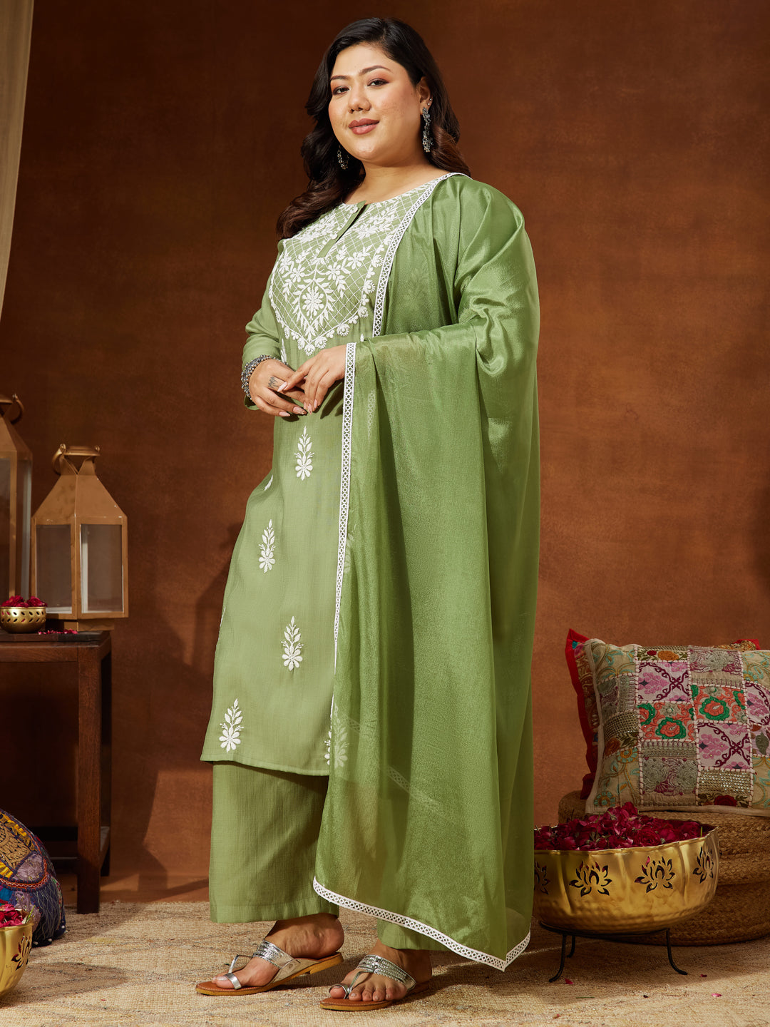 Janasya Women's Plus Size Sage Green Silk Blend Embroidered Straight Kurta Set
