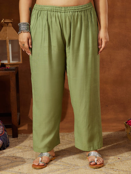 Janasya Women's Plus Size Sage Green Silk Blend Embroidered Straight Kurta Set