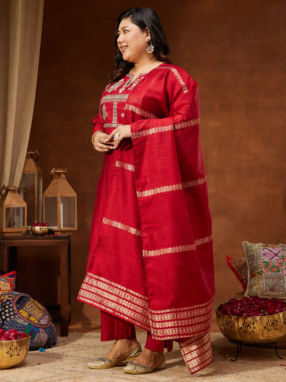 Janasya Women's Maroon Chanderi Silk Yoke Embroidered Straight Kurta Set