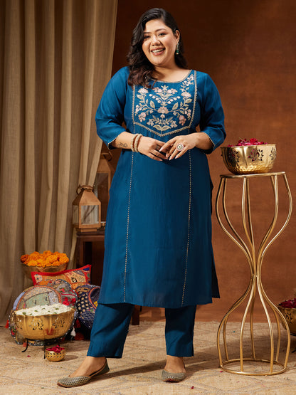 Janasya Women's Plus Size Teal Chanderi Silk Embroidered Straight Kurta Set